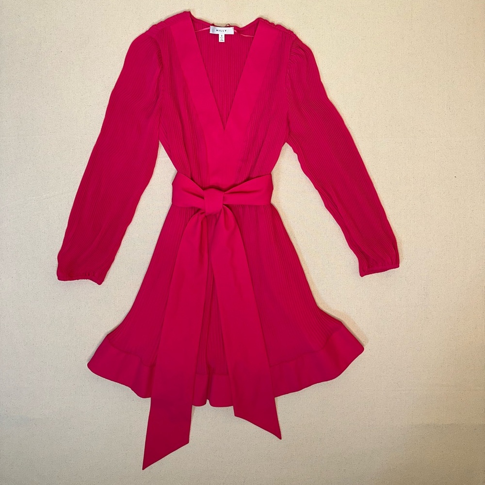 Milly Liv Pleated Long Sleeve Mini Dress in Bright Pink Size 8